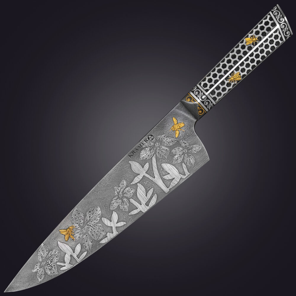 Queen Bee 10" Damascus plug weld chefs knife with gold bee inlay - left side