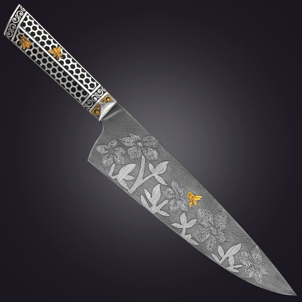 Queen Bee 10" Damascus plug weld chefs knife with gold bee inlay - right side