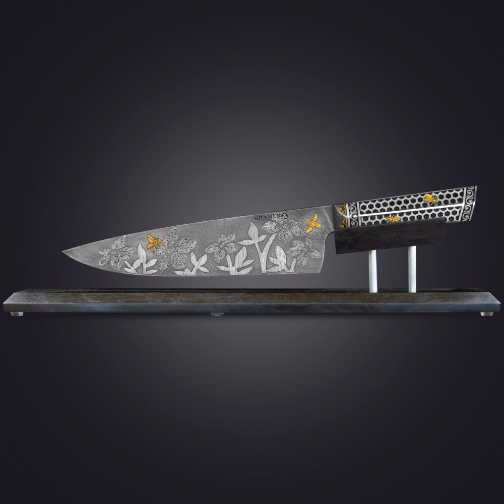 Queen Bee: Damascus plug weld chefs knife with gold bee inlay on stand