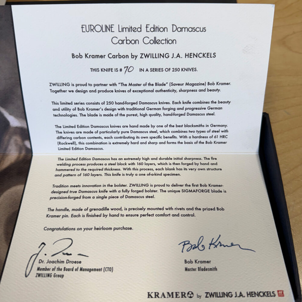 LE Kramer by ZWILLING 8 inch chef's Knife - letter