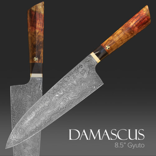 8.5" Damascus Gyuto with box elder handle - gallery view