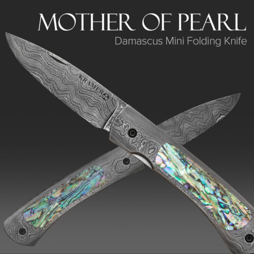 Mother of pearl damascus folding knife - product shot